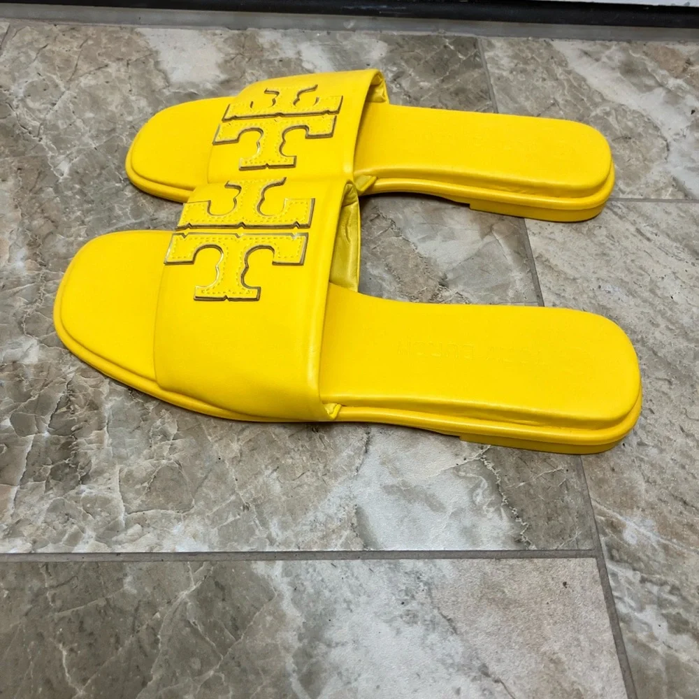 Tory Burch Double T Sport Women's Leather Slide Sandals Yellow Mustard SIZE 9.5 - Picture 5 of 8